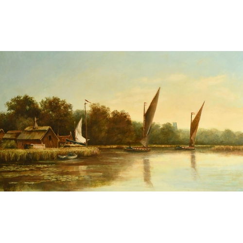 44 - J Lionel (19th Century) British. A River Scene with Hay Barges, Oil on canvas, Signed and dated 1893... 