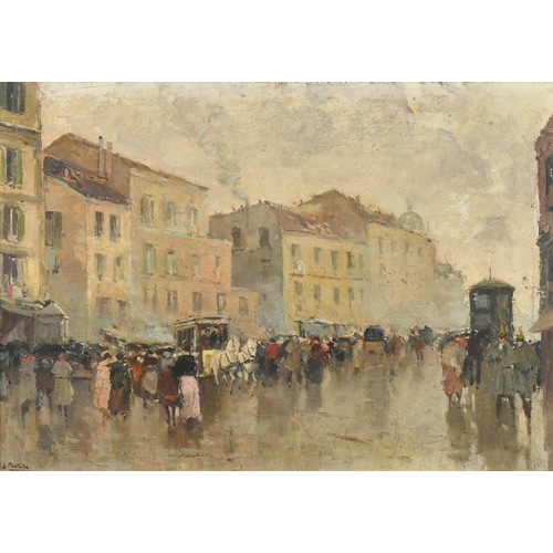 60 - Attilio Pratella (1856-1949) Italian. A Street Scene with Figures, Oil on canvas, Signed, 13.5