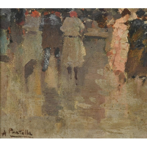 60 - Attilio Pratella (1856-1949) Italian. A Street Scene with Figures, Oil on canvas, Signed, 13.5