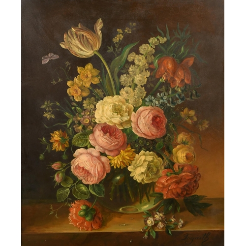 61 - Hogarth (20th Century) European. Still Life of Flowers in a Glass Vase, Oil on board, Signed, 20.25