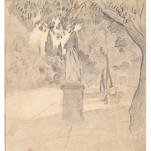 69 - Alberto Micheli Pellegrini (1870-1943) Italian. A Study of a Statue in a Park, Pencil, 9.5