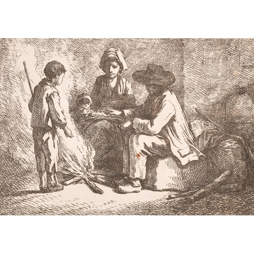 12 - Jean-Baptiste Huet (1745-1811) French. Family Around a Fire, Engraving, mounted unframed 4.25