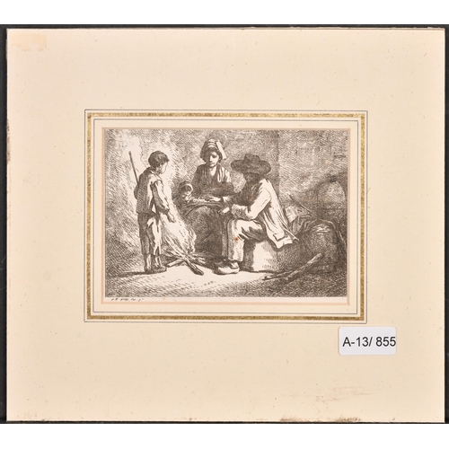 12 - Jean-Baptiste Huet (1745-1811) French. Family Around a Fire, Engraving, mounted unframed 4.25