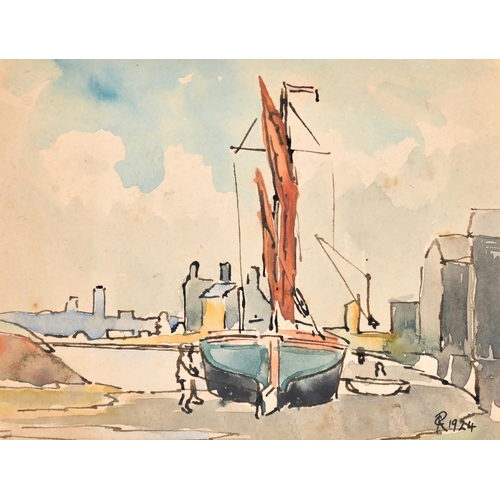 187 - Claude Rowberry (1896-1962) British. A Beached Boat, Watercolour, Signed with initials and dated 192... 