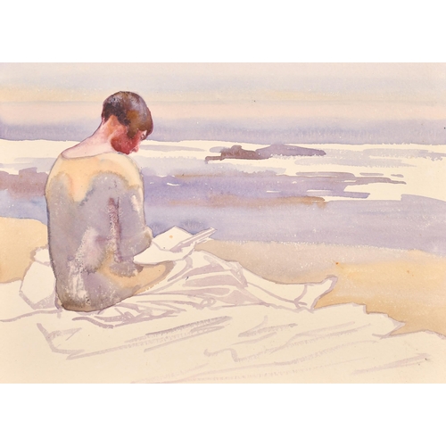 189 - Elsie Gledstanes (1891-1982) British. Study of a Young Lady Reading on a Beach, Watercolour, unframe... 