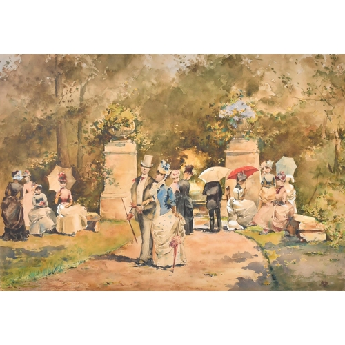 191 - Circle of Albert Ludovici (1852-1932) Czechian/British. Figures Promenading in a Park, Watercolour, ... 