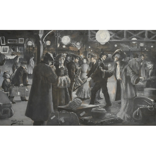 197 - M D Byrne (20th Century) Irish. Figures in a Station, Monochrome watercolour and gouache, Signed and... 