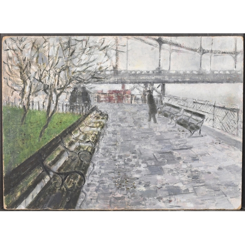 257 - Circle of Carel Weight (1908-1997) British. Figures on a Riverside Path with a Suspension Bridge in ... 