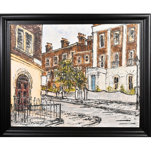 258 - Noel Gibson (1928-2005) British. Hackney Street Corner, Oil on board, Incised signature, 23.75