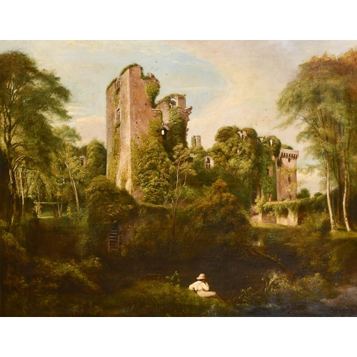 36 - Early 19th Century English School. A Figure Fishing by Raglan Castle, Oil on canvas, 28