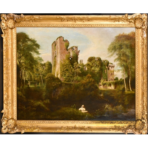 36 - Early 19th Century English School. A Figure Fishing by Raglan Castle, Oil on canvas, 28