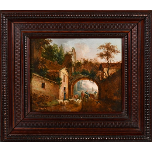 38 - Early 19th Century Dutch School. Figures and Cattle by an Archway, Oil on panel, 7.5