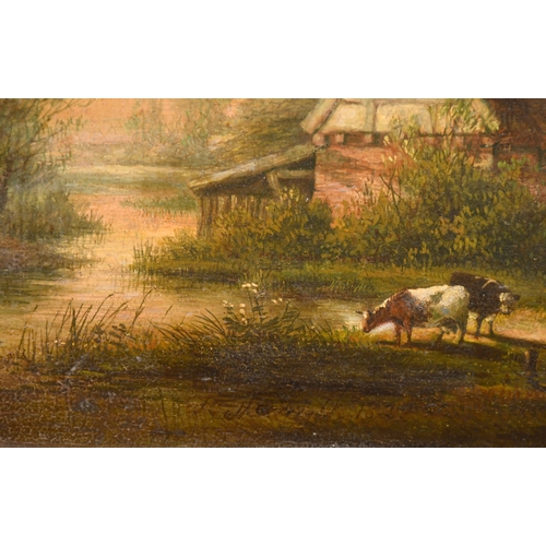 86 - Circle of Charlotte Nasmyth (1804-1884) British. Figures and Cattle by a Cottage, Oil on panel, Indi... 