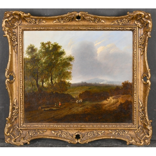 88 - Early 19th Century English School. Figures in a Landscape, Oil on panel, Indistinctly inscribed on a... 