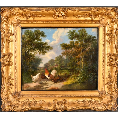 89 - P Deakin (19th Century) British. Chickens and a Cockerel in a River Landscape, Oil on panel, Signed,... 