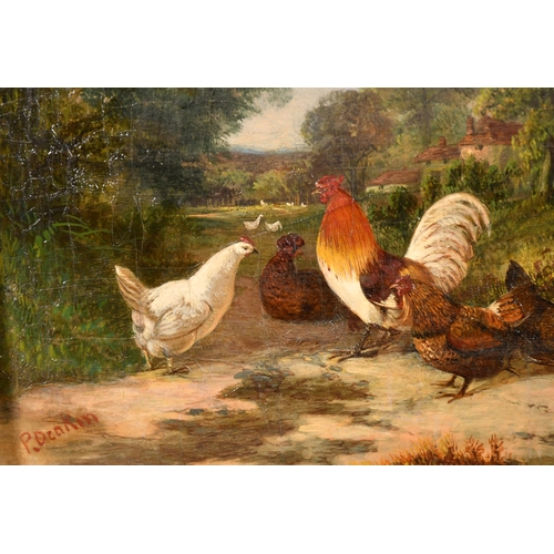 89 - P Deakin (19th Century) British. Chickens and a Cockerel in a River Landscape, Oil on panel, Signed,... 