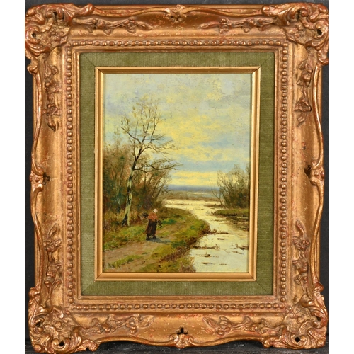 93 - William Frederick Hulk (1852-1906) British. Figure in a River Landscape, Oil on board, Signed, 5.75