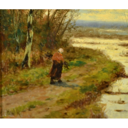 93 - William Frederick Hulk (1852-1906) British. Figure in a River Landscape, Oil on board, Signed, 5.75