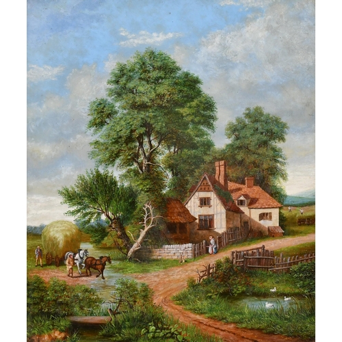 95 - Late 19th Century English School. A Haycart by a Cottage, Oil on board, 14