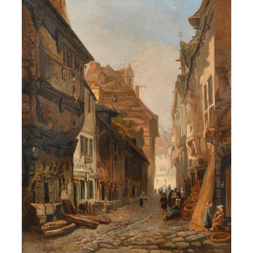 97 - 19th Century European School. Figures in a Street, Oil on canvas, Indistinctly signed and dated 1876... 