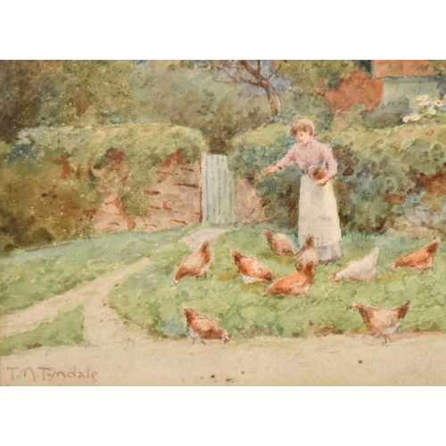 102 - Thomas Nicholson Tyndale (1860-1930) British. Feeding Chickens by a Cottage, Watercolour, Signed, 8.... 