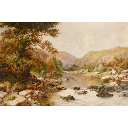 116 - William Henry Mander (1850-1922) British. A Mountainous River Landscape with Figures Fishing, Oil on... 