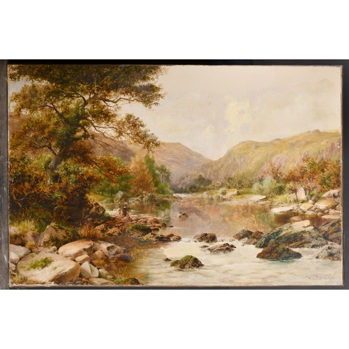 116 - William Henry Mander (1850-1922) British. A Mountainous River Landscape with Figures Fishing, Oil on... 