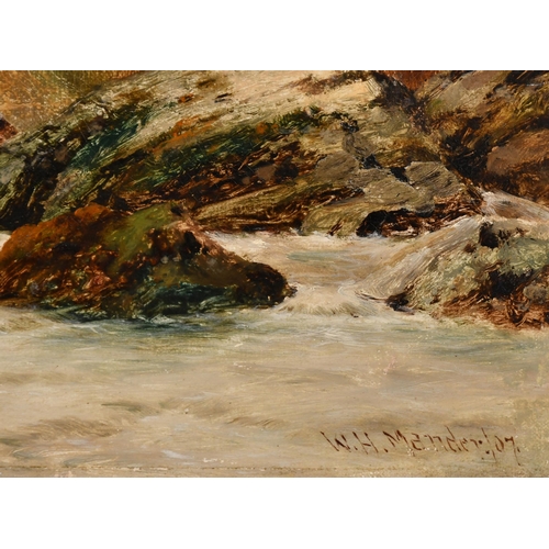 116 - William Henry Mander (1850-1922) British. A Mountainous River Landscape with Figures Fishing, Oil on... 