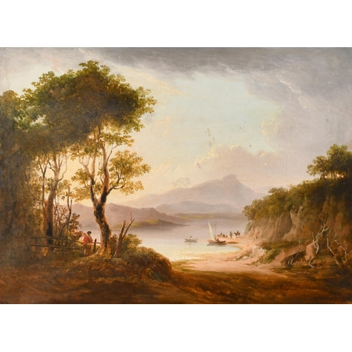 117 - Circle of Patrick Nasmyth (1787-1831) British. Figures by Boats in a Mountainous River Landscape, Oi... 