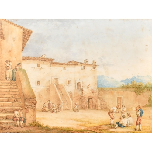 12 - Bartolomeo Pinelli (1781-1835) Italian. Figures in a Village Square, Watercolour and pencil, Signed ... 