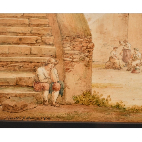 12 - Bartolomeo Pinelli (1781-1835) Italian. Figures in a Village Square, Watercolour and pencil, Signed ... 