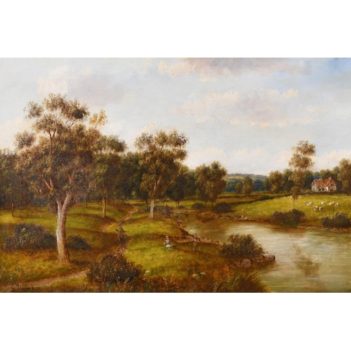 128 - George Thompson (19th-20th Century) British. Figures in a River Landscape, Oil on canvas, Signed, 16... 