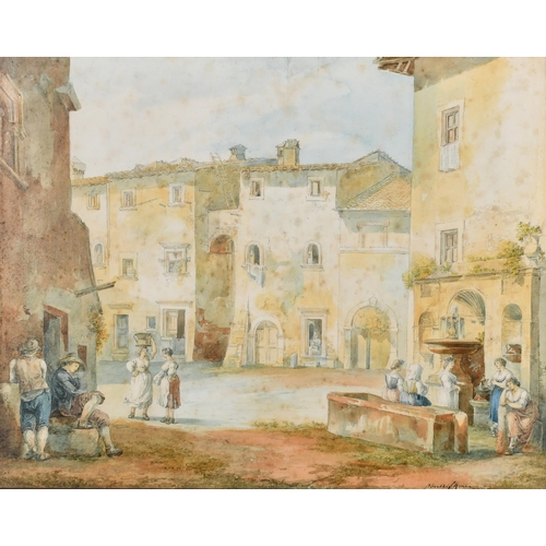 14 - Bartolomeo Pinelli (1781-1835) Italian. Figures by a Fountain, Watercolour and pencil, Signed and in... 