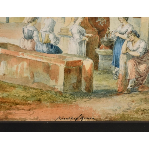 14 - Bartolomeo Pinelli (1781-1835) Italian. Figures by a Fountain, Watercolour and pencil, Signed and in... 