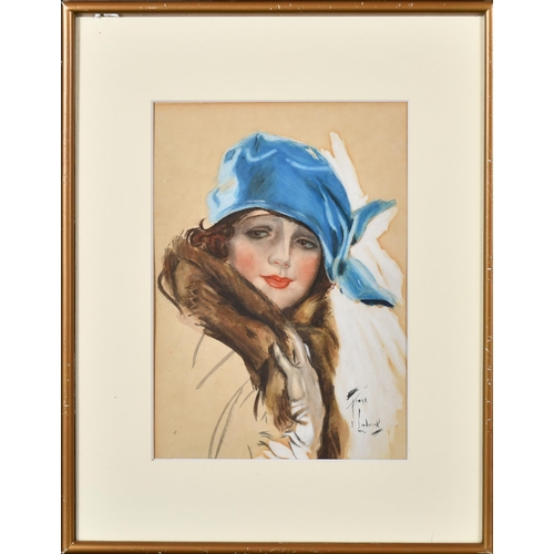 183 - Frank Limbrick (20th Century) British. Elegant Lady in a Blue Hat, Watercolour and gouache, 9