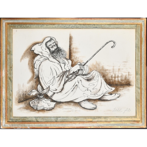 196 - 20th Century Middle Eastern School. A Resting Shepherd, Watercolour and ink, Indistinctly signed in ... 