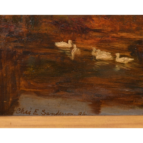 212 - Charles E Sanderson (19th-20th Century) British. Ducks on a River, Oil on board, Signed and dated '9... 