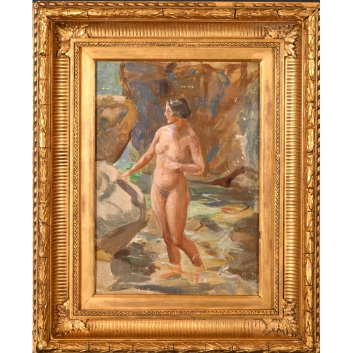 230 - Reginald Ronald Tomlinson (1885-1978) British. Study of a Naked Lady in a Rock Pool, Oil on artist's... 