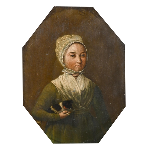 24 - Early 19th Century European School. Portrait of a Young Girl with a Miniature Dog, Oil on panel, unf... 