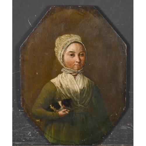 24 - Early 19th Century European School. Portrait of a Young Girl with a Miniature Dog, Oil on panel, unf... 