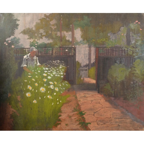 242 - Margaret Green (1925-2003) British. Tending the Garden, Oil on canvas, unframed 25