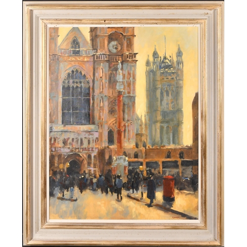 275 - Cornish (20th-21st Century) British. Figures by Westminster Abbey, Oil on canvas, Signed, 36