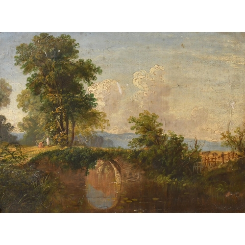 29 - Circle of Thomas Gainsborough (1727-1788) British. Figures by a Bridge in a River Landscape, Oil on ... 