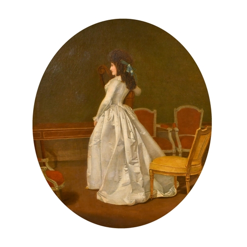 33 - Early 19th Century French School. Full Length Portrait of a Lady with a Harp, Oil on canvas, Oval 25... 