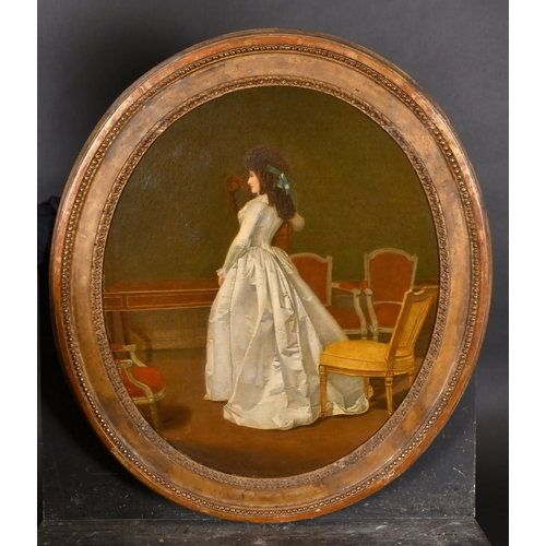 33 - Early 19th Century French School. Full Length Portrait of a Lady with a Harp, Oil on canvas, Oval 25... 