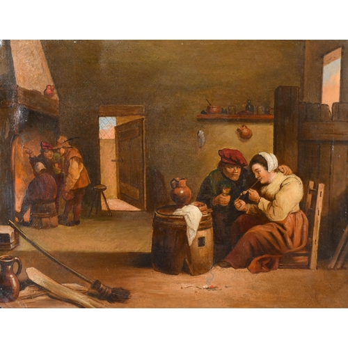 36 - After David Teniers (1610-1690) Flemish. Figures in an Inn, Oil on copper, unframed 9.75