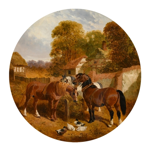 66 - John Frederick Herring Jnr (1815-1907) British. Horses and Ducks in a Farmyard, Oil on canvas, Signe... 