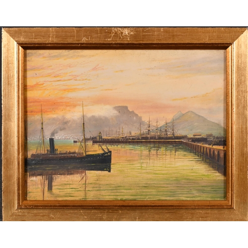 76 - H McKeown (19th Century) British. Cape Town Harbour at Dusk, Oil on board, Signed with initials, and... 