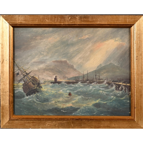 76 - H McKeown (19th Century) British. Cape Town Harbour at Dusk, Oil on board, Signed with initials, and... 