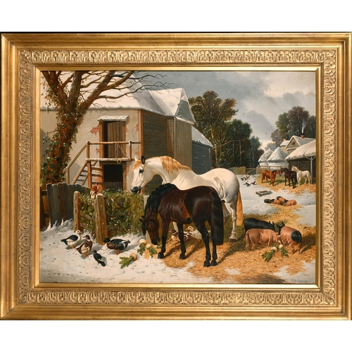 43 - John Frederick Herring Jnr (1815-1907) British. Horses, Ducks and Chickens in a Winter Farmyard, Oil... 